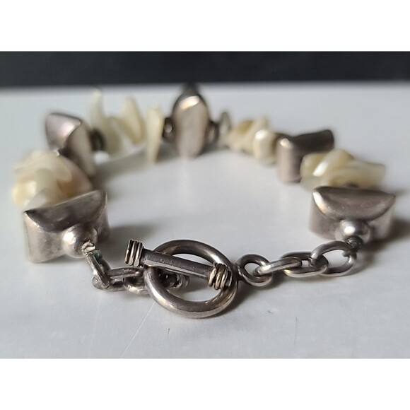 925 Sterling Silver & MOP Beaded Bracelet Vintage Toggle Closure - Picture 3 of 10